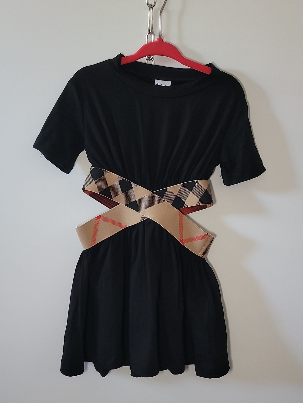 Girls Black Short-Sleeve Casual Dress with Plaid Crossover Waistband